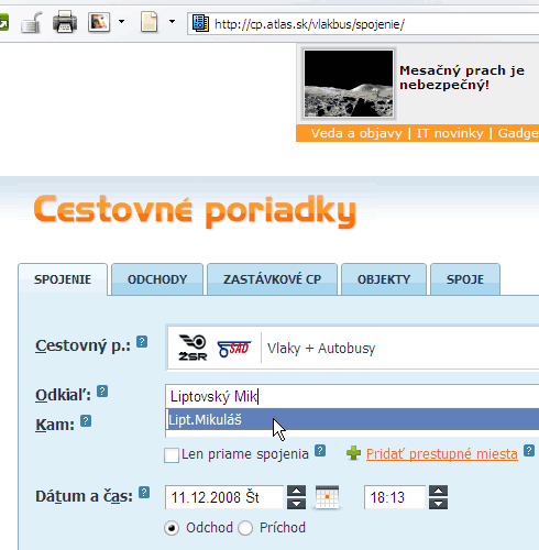 Vyhľadanie spojenia na Atlas.sk