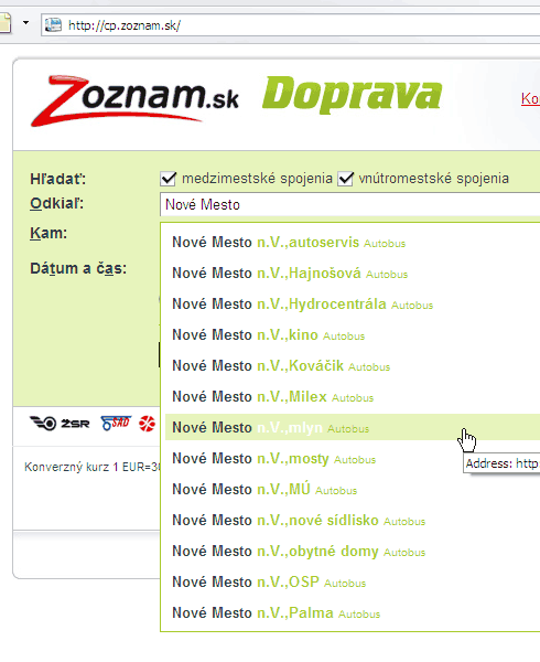 Vyhľadanie spojenia na Zoznam.sk